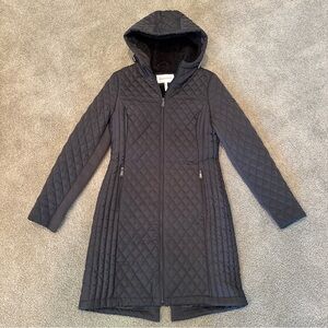 BCBGeneration Women's Black Quilted Faux Fur Hooded Maxi Long Coat Jacket Sz XS